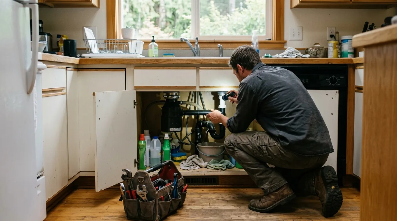 Plumber checking a kitchen sink drain trap