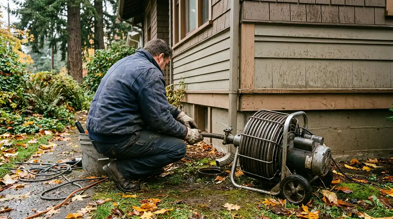 Plumber feeding a drain cable into an outdoor sewer cleanout beside a Salem home