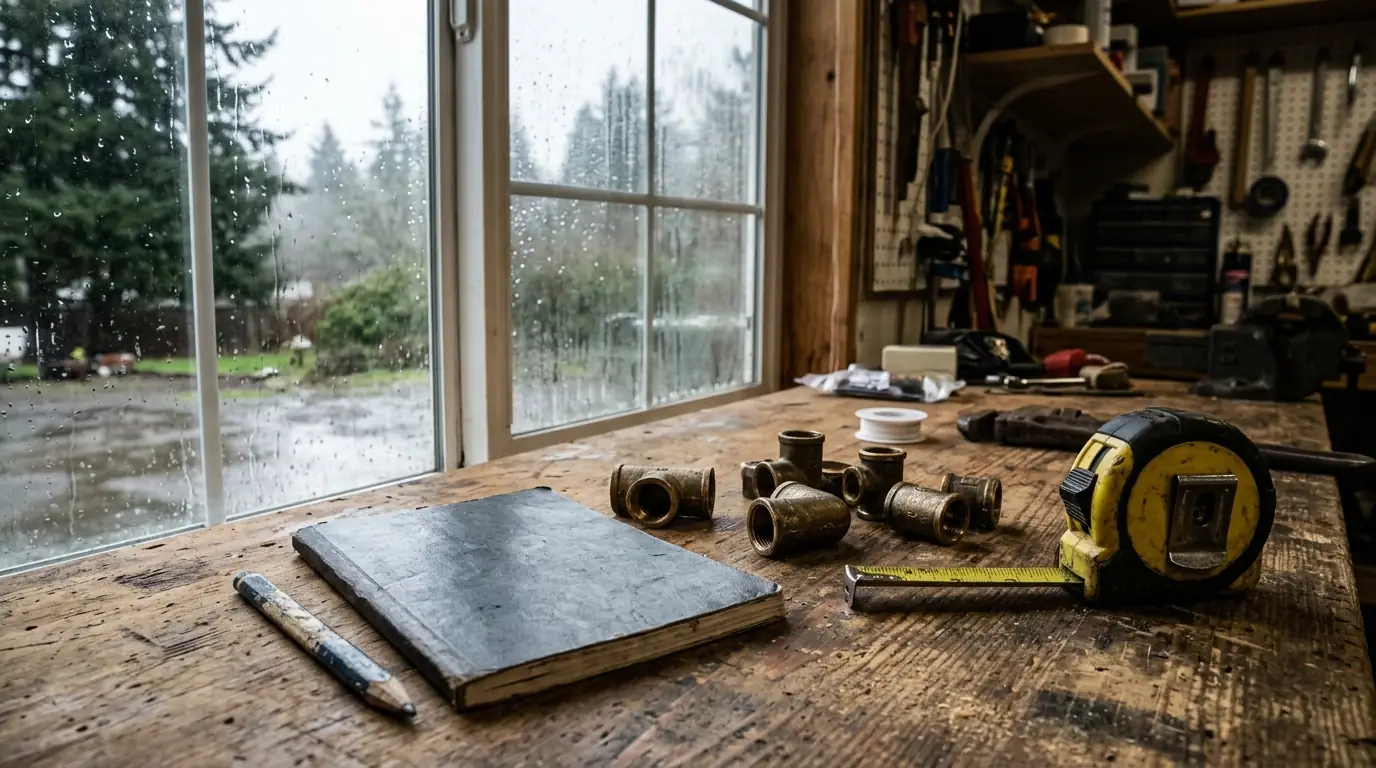 Plumbing notes on a workbench in a Salem garage