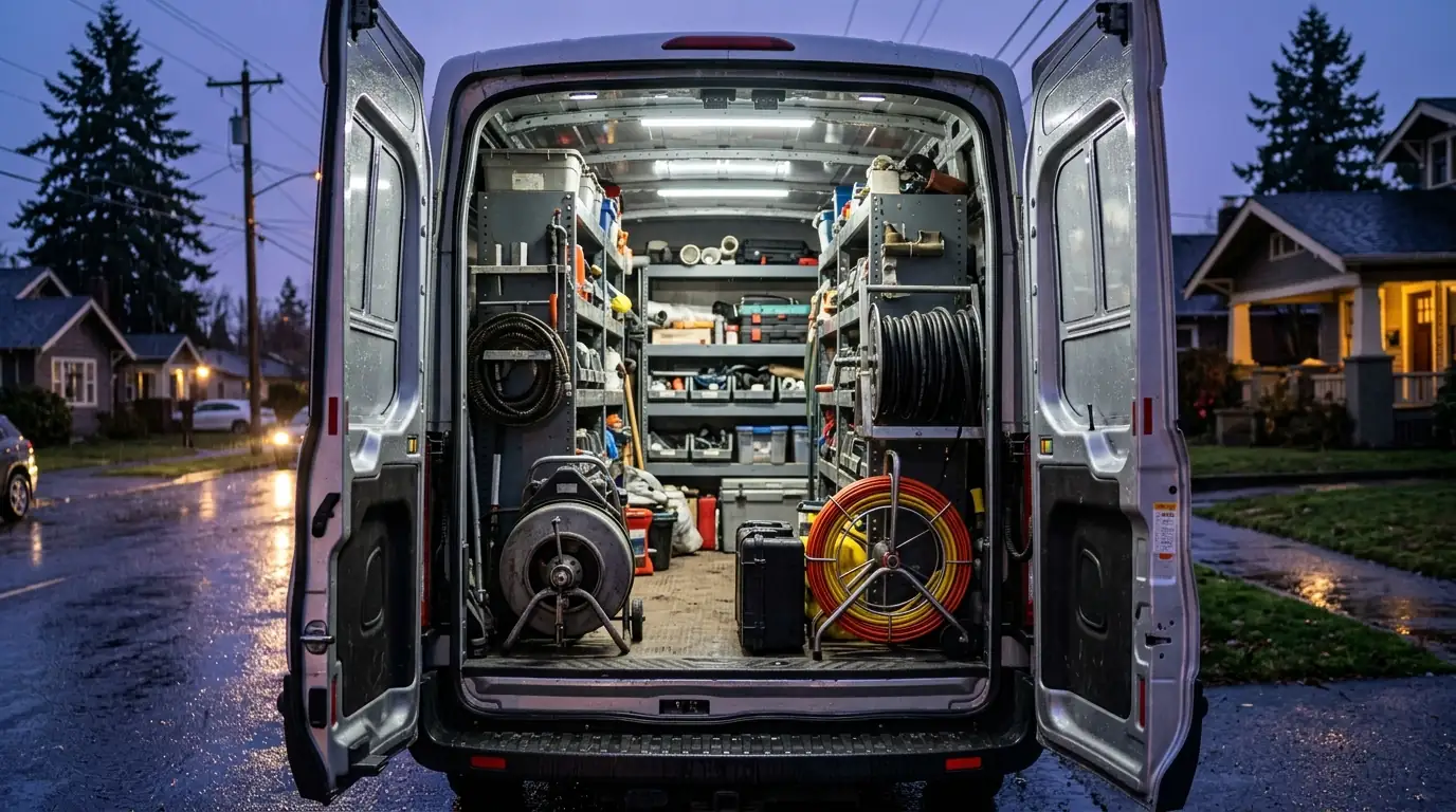 Drain and sewer equipment on a First Choice Rooter truck