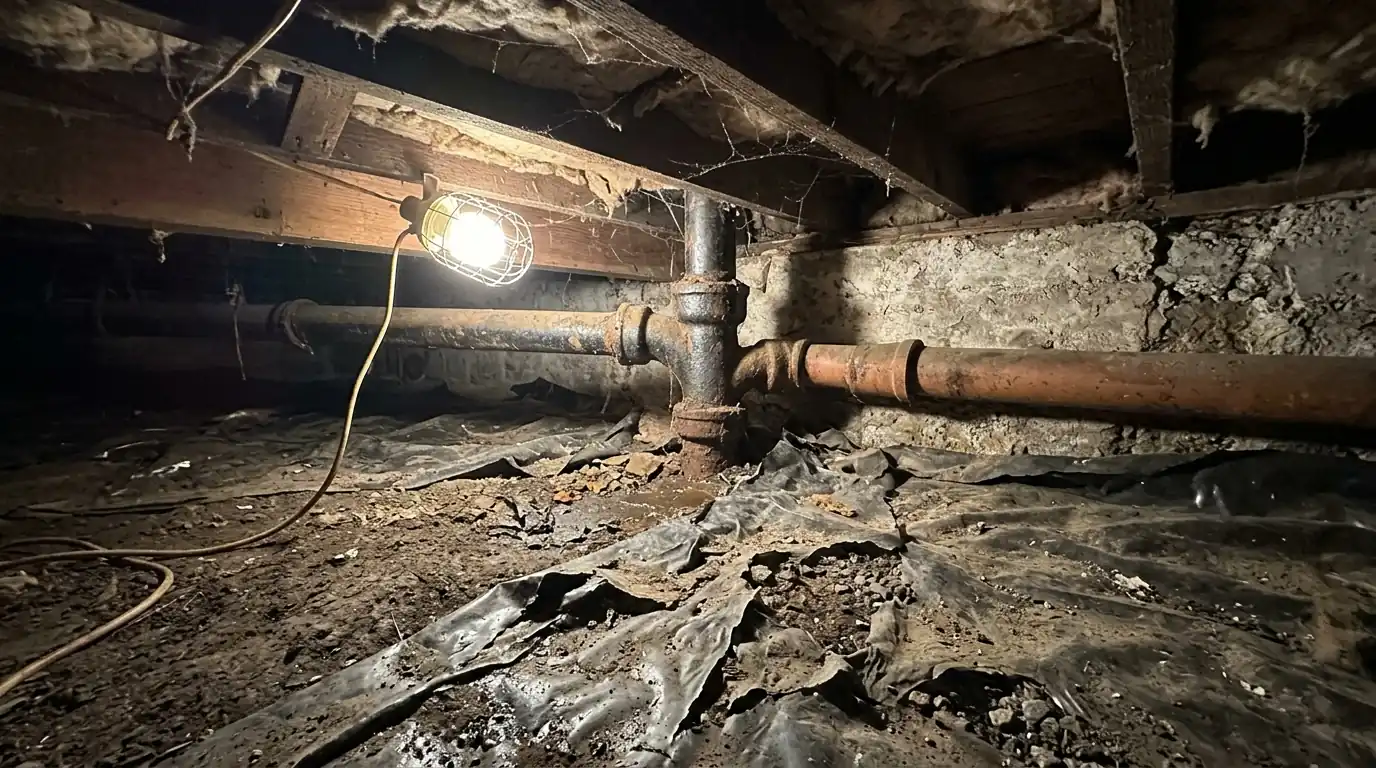 Cast iron and clay drain pipes in the crawlspace of an older Salem home